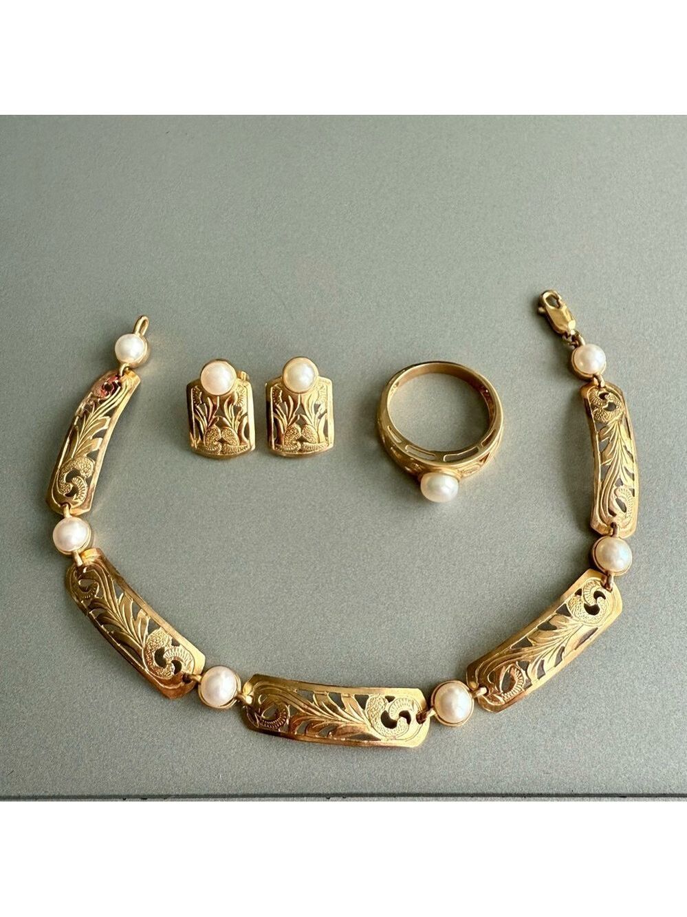 14k Gold Pearl Scroll Panel Open Work Bracelet, Ring, Earrings Set W/ Ap…